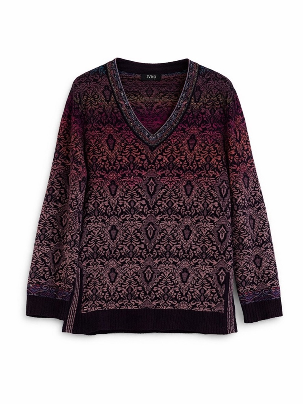 IVKO Boho Floral Knit Sweater Burgundy Multicolor V-Neck Women’s Size M